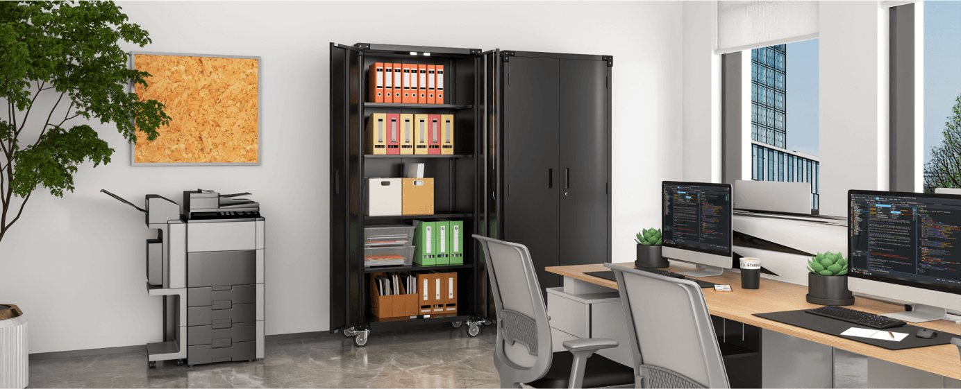 SC2C-W Classic Black Garage Storage Cabinet with Wheels | FLEXIMOUNTS