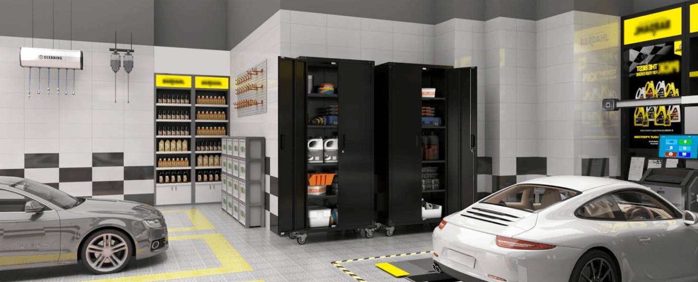 SC2C-W Classic Black Garage Storage Cabinet with Wheels | FLEXIMOUNTS