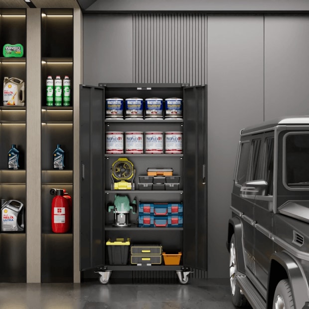 SC2C-W Classic Black Garage Storage Cabinet with Wheels | FLEXIMOUNTS