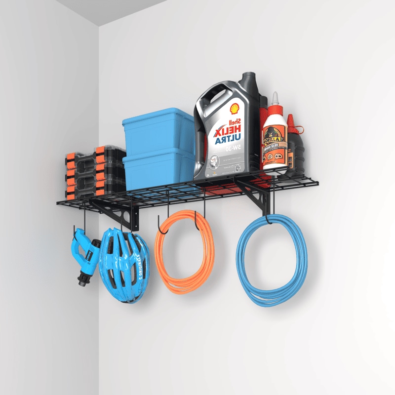 1'x4' Garage Wall Shevling w/ 6 Bike Hooks, Garage shelves hold 150 lbs, hooks 55 lbs each, Black Wall Shelf Garage Storage Organization System