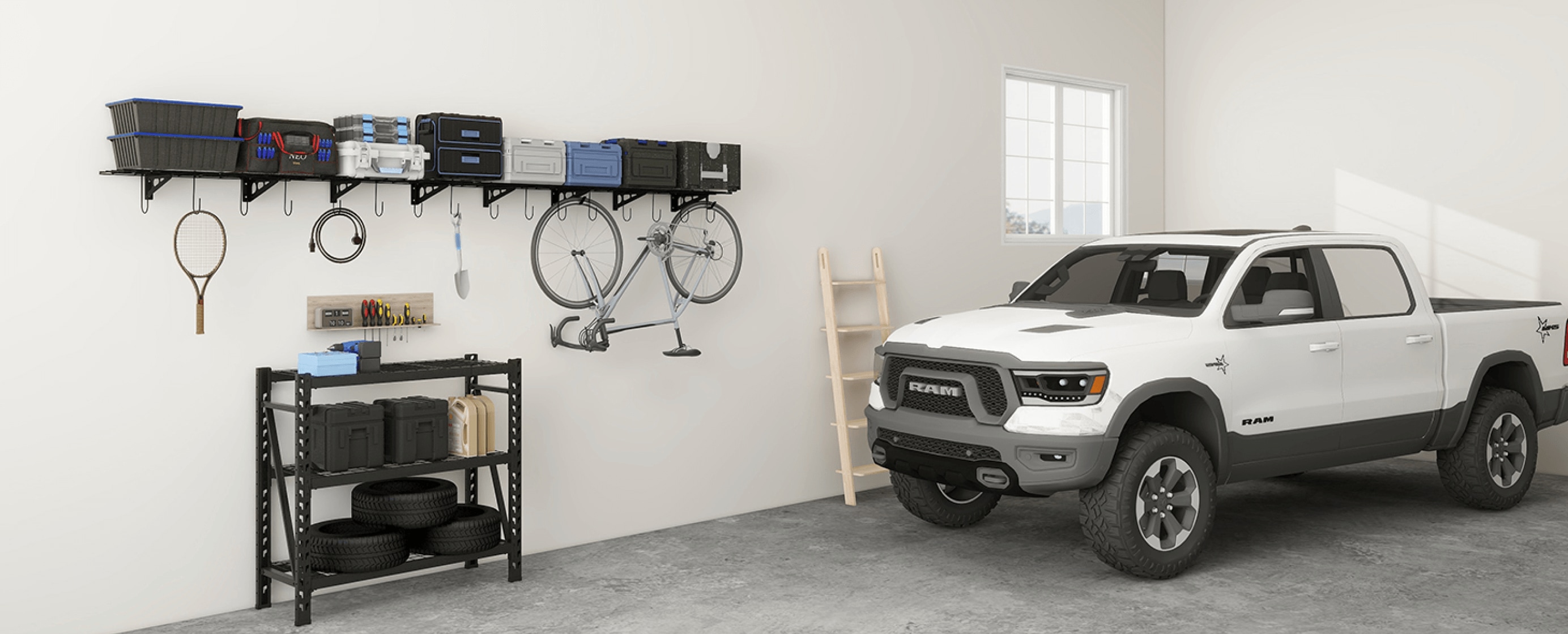 Garage Wall Shevling, 1x4 ft w/ 6 Bike Hooks | FLEXIMOUNTS