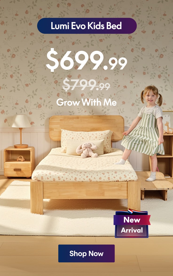 Lumi Evo Kids Bed in natural wood finish with floral bedding, $699.99, "Grow With Me" feature, New Arrival badge, child standing on bed. Shop Now.