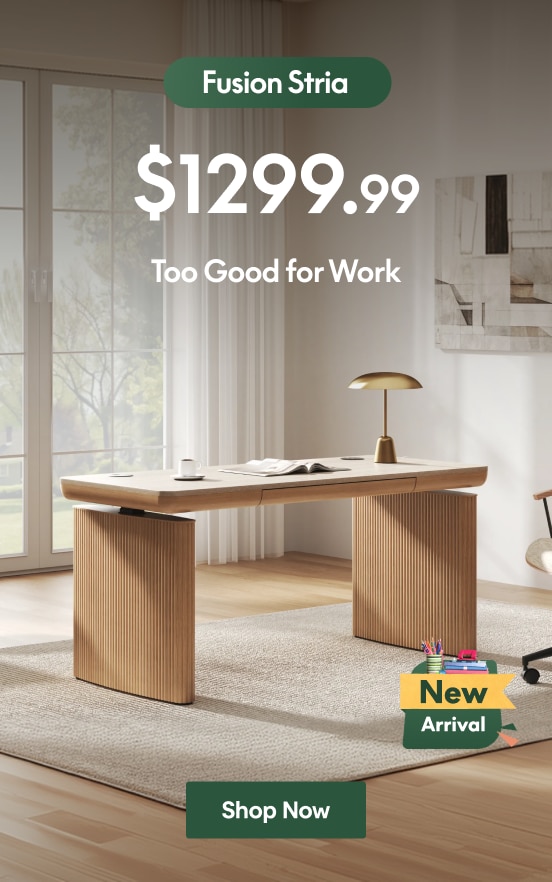 Modern wooden office desk with ribbed panel design, priced at $1299.99, highlighted as "New Arrival" and ideal for professional workspaces.