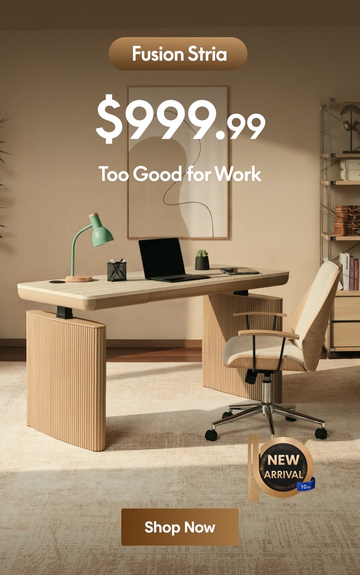 Modern wooden office desk with ribbed panel design, matching ergonomic chair, green desk lamp, and decor; priced at $999.99. New arrival.