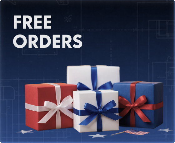 Back-to-school supplies with gift boxes wrapped in orange and green ribbons, basketball, backpack, globe, and books on a desk; text "FREE ORDERS".