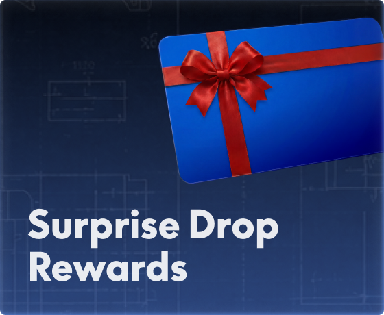 Golden ticket with a percentage symbol on a black and gold podium, surrounded by wrapped gift boxes and blue ribbons, promoting "Surprise Drop Rewards".