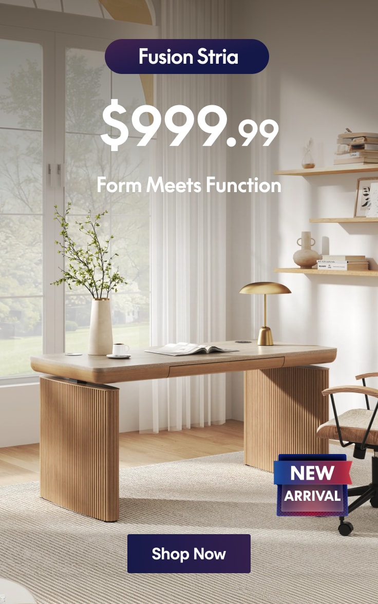 Modern wooden desk Fusion Stria with fluted panel legs, styled in a bright home office setting, featuring a gold lamp and minimalist decor.