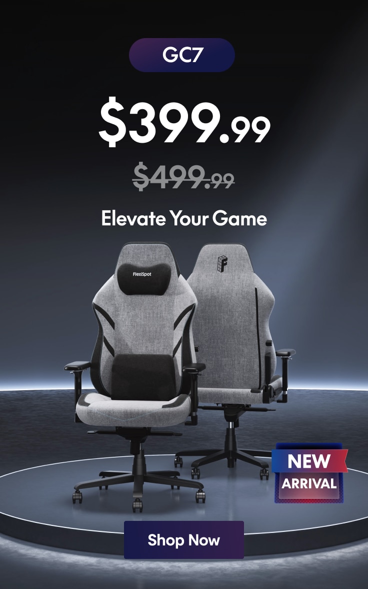 GC7 ergonomic gaming chair in gray with lumbar support, adjustable armrests, and a sleek design. Discounted price $399.99. New arrival.