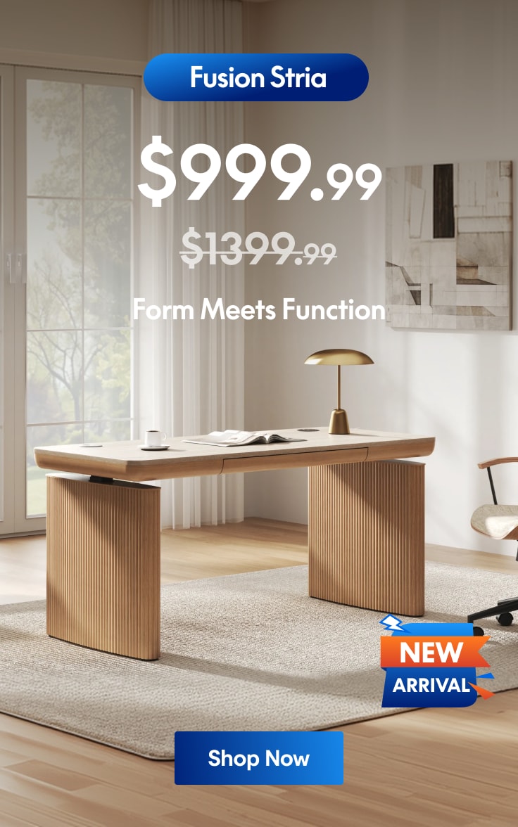 Modern wooden office desk with ribbed panel legs, styled in a bright room, priced at $999.99 with a discount from $1399.99, labeled as "New Arrival."