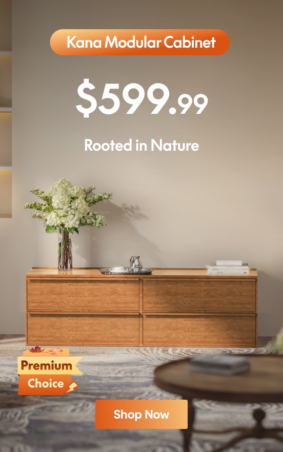 Kana Modular Cabinet in natural wood finish, priced at $599.99, featuring a minimalist design with four drawers and decorative vase with white flowers.