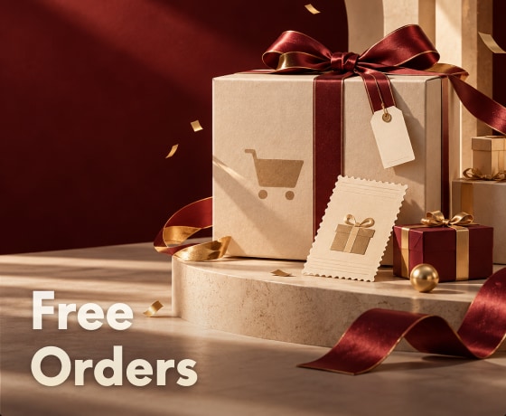 Gift boxes wrapped with burgundy and gold ribbons on a beige podium, featuring "Free Orders" text in bold white font.