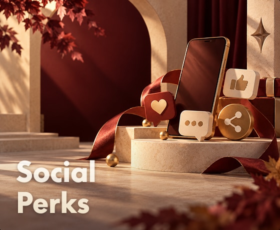 Smartphone displayed on a marble platform with social media icons, red ribbon accents, and "Social Perks" text in a warm, elegant setting.