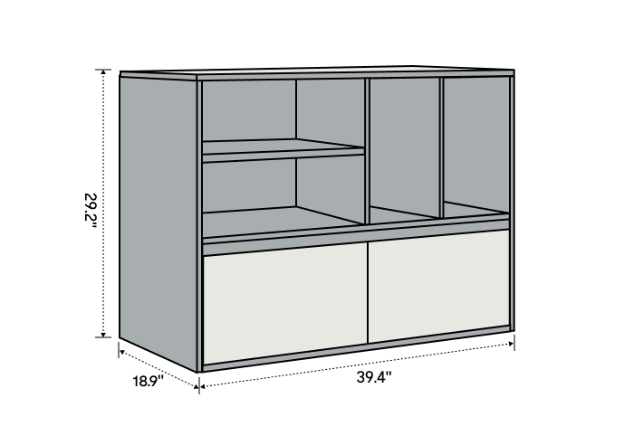 Modern storage cabinet with two sliding white doors, open shelves, and dimensions labeled: 29.2" height, 39.4" width, and 18.9" depth.