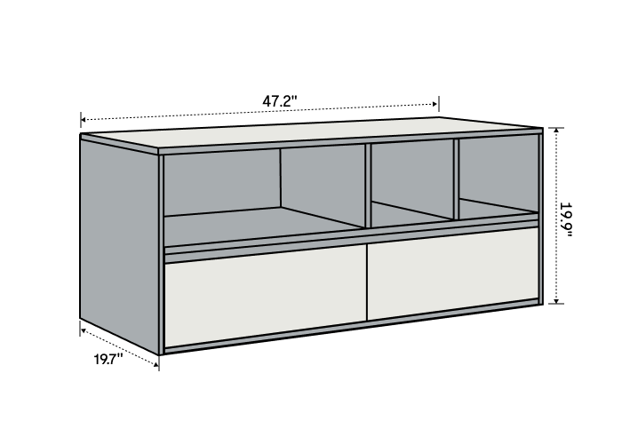 Modern TV stand with open shelves and sliding doors, dimensions labeled as 47.2 inches wide, 19.7 inches deep, and 19.0 inches tall.