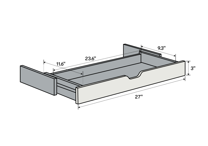 Wooden drawer dimensions: 27" width, 23.6" depth, 3" height, with front handle cutout and assembly-ready design.