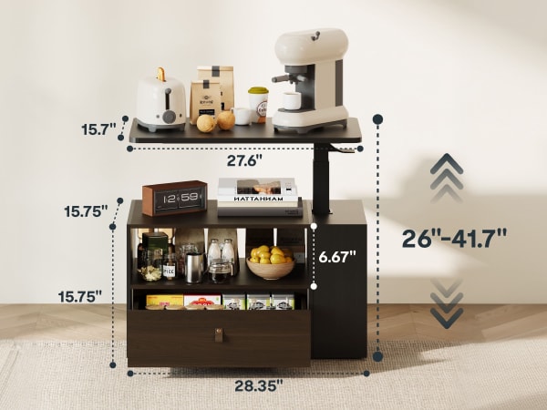 Adjustable-height kitchen storage cabinet with dark wood finish, dimensions labeled, showcasing a coffee machine, toaster, and organized shelves with food and drink items.