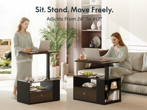 Height-adjustable standing desk with storage, black wood finish, adjusts from 26" to 41.7", ideal for sitting or standing work setups.