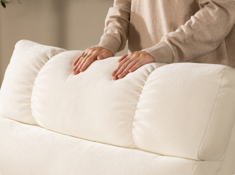 Soft chenille fabric with natural linen texture on an oversized recliner chair