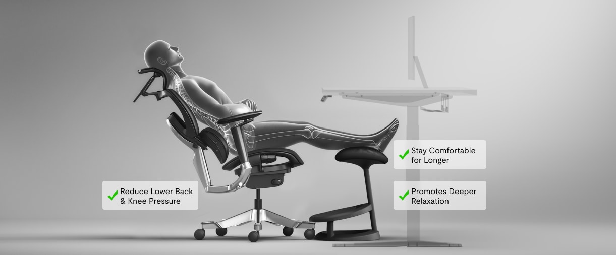 CF4 footrest diagram, full reclining scene with leg support benefits