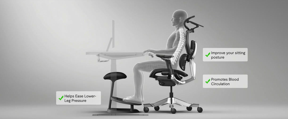 CF4 footrest diagram, full working scene with foot elevation benefits