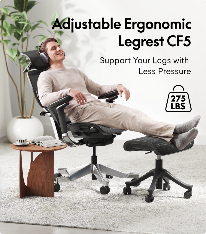 FlexiSpot CF5 ergonomic footrest supporting a man’s legs while he reclines comfortably in an office chair at home