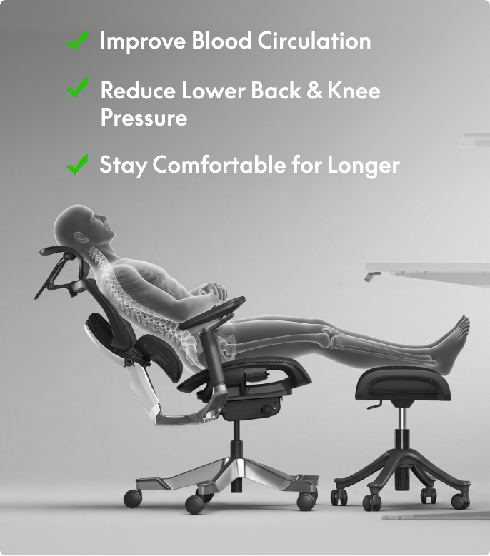 Adjustable ergonomic legrest diagram showing how elevating legs reduces strain improves circulation and supports longer comfort