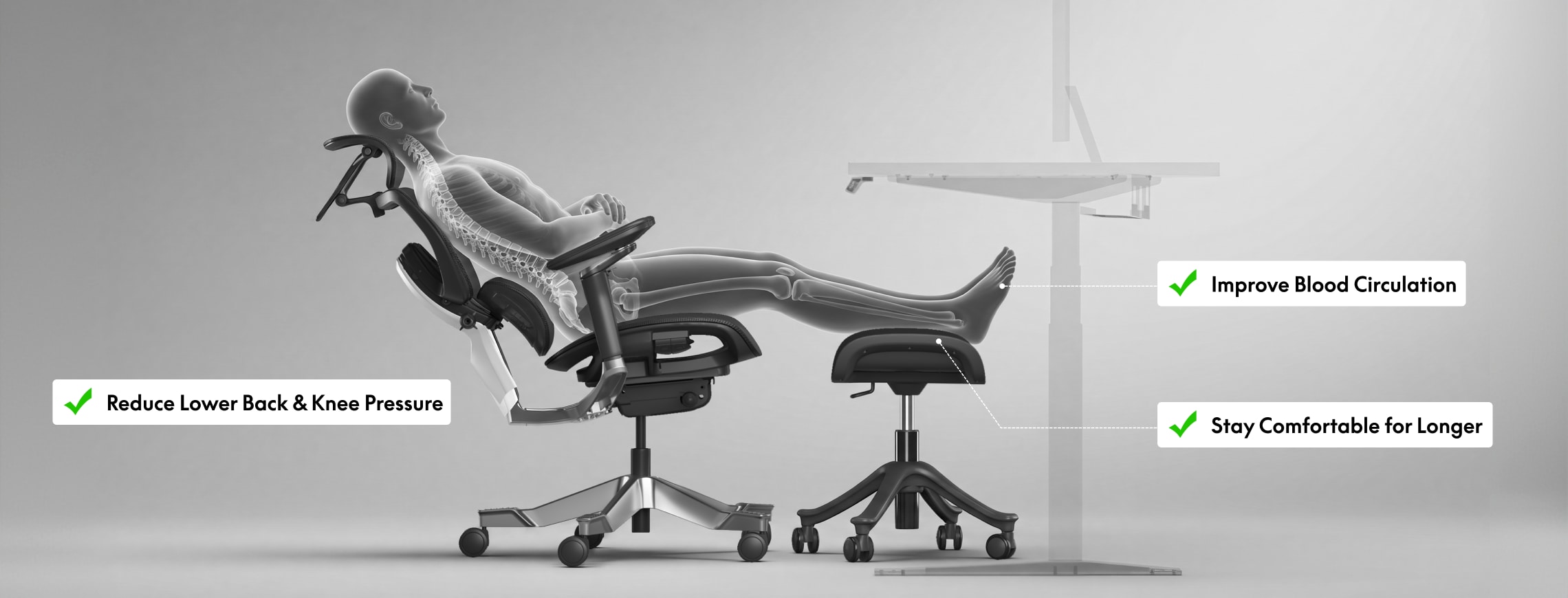 Adjustable ergonomic legrest diagram showing how elevating legs reduces strain improves circulation and supports longer comfort