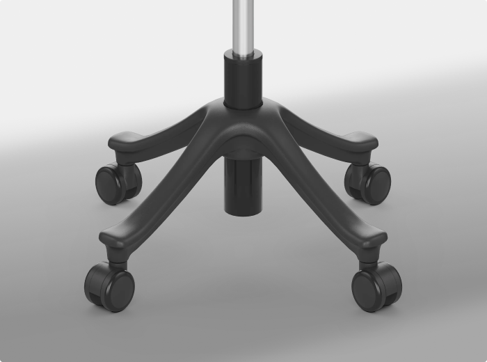 Ergonomic footrest base showing two options: 360 degree swivel casters for mobility and fixed glides for stability