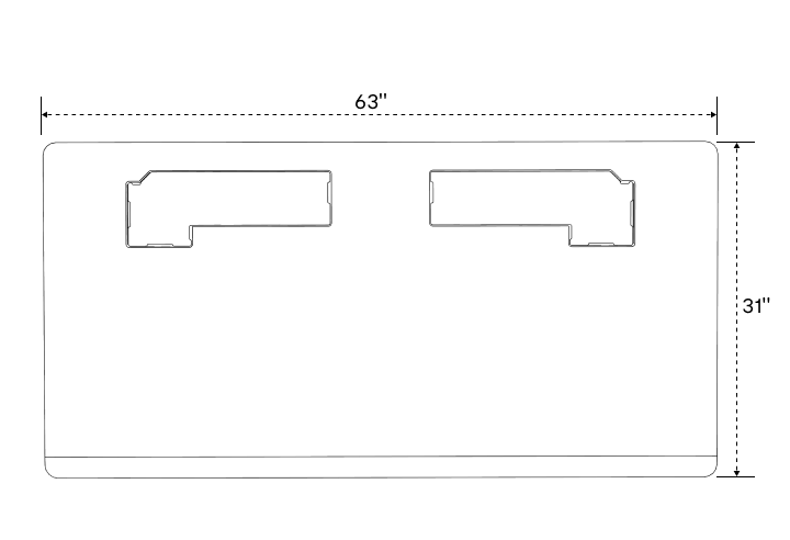Technical drawing of a rectangular desk top with dimensions labeled as 63 inches wide and 31 inches deep, featuring two cutouts for cable management.