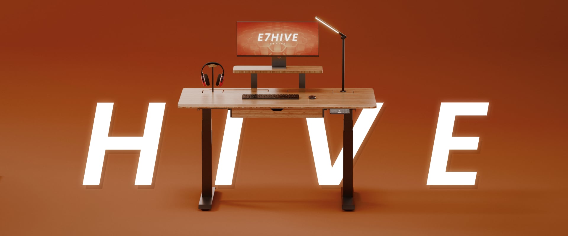 E7 Hive bamboo electric standing desk home office setup