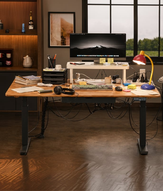 Modular tabletop workspace before assembly presents a cluttered desk