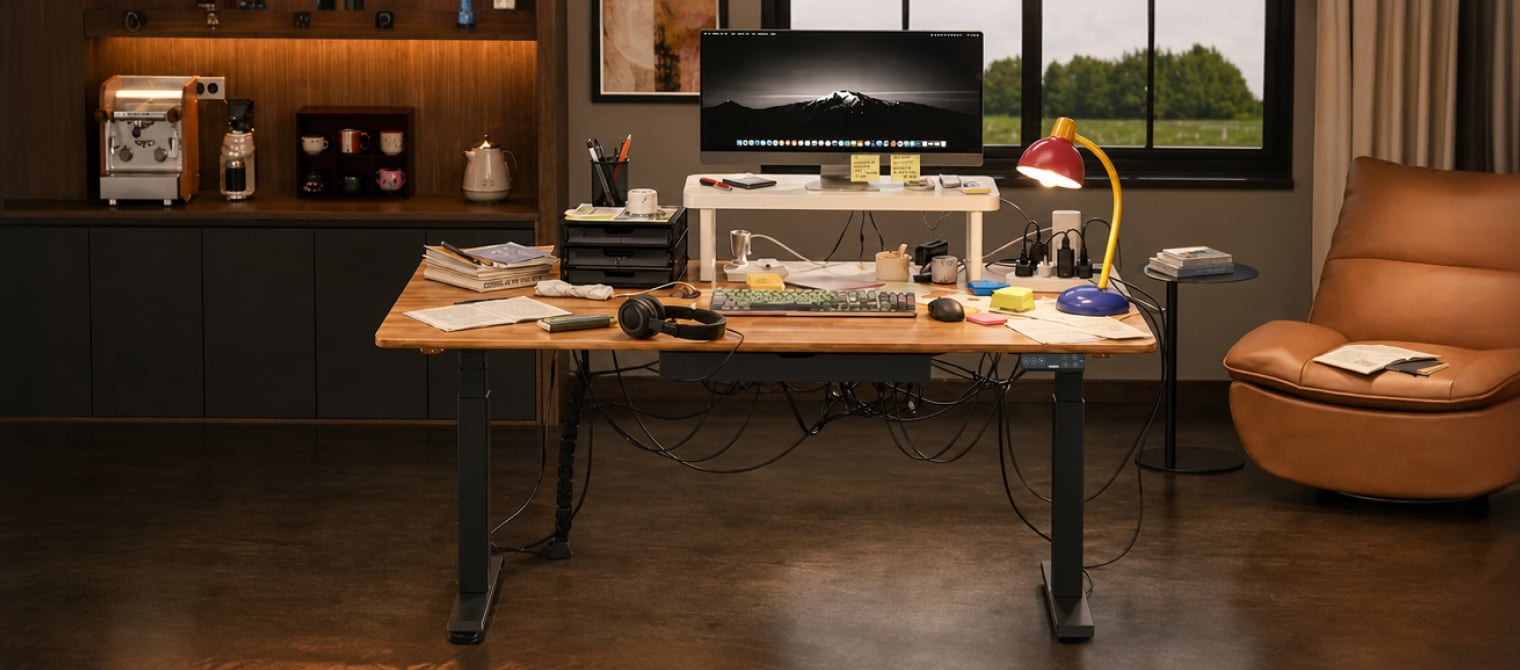 Modular tabletop workspace before assembly presents a cluttered desk