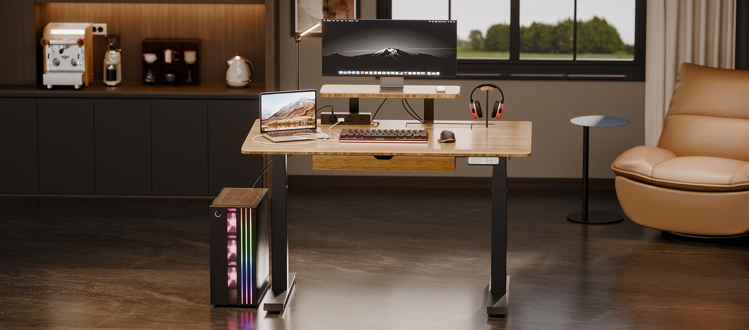 Modular tabletop workspace after assembly presents a tidy desk.