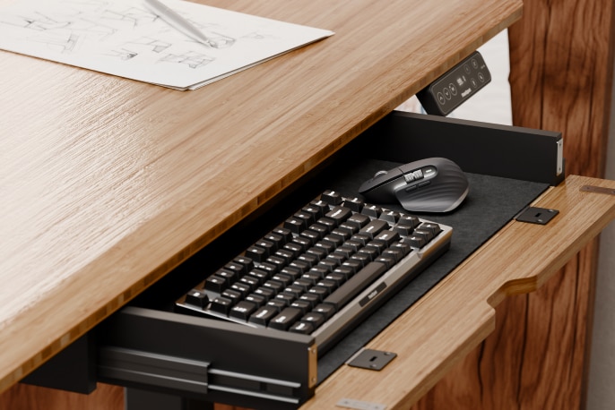Scene shot, standing desk with 2-in-1 keyboard tray