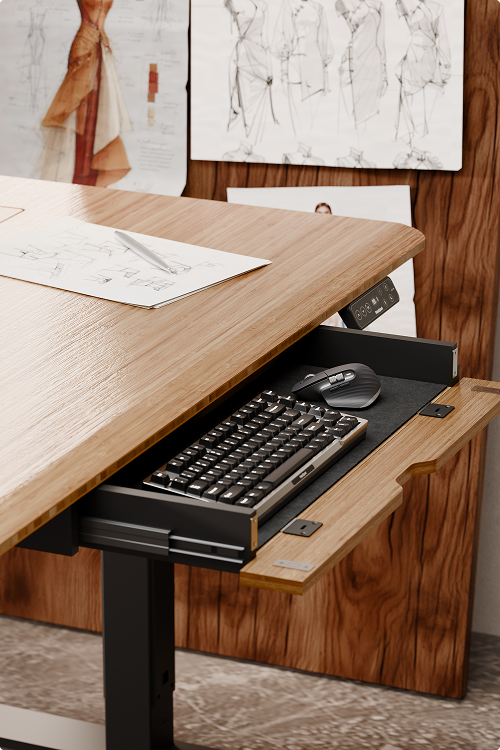 Scene shot, standing desk with 2-in-1 keyboard tray
