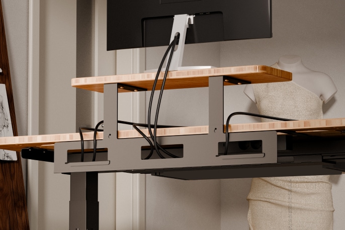 Scene shot, standing desk with monitor riser and cable management