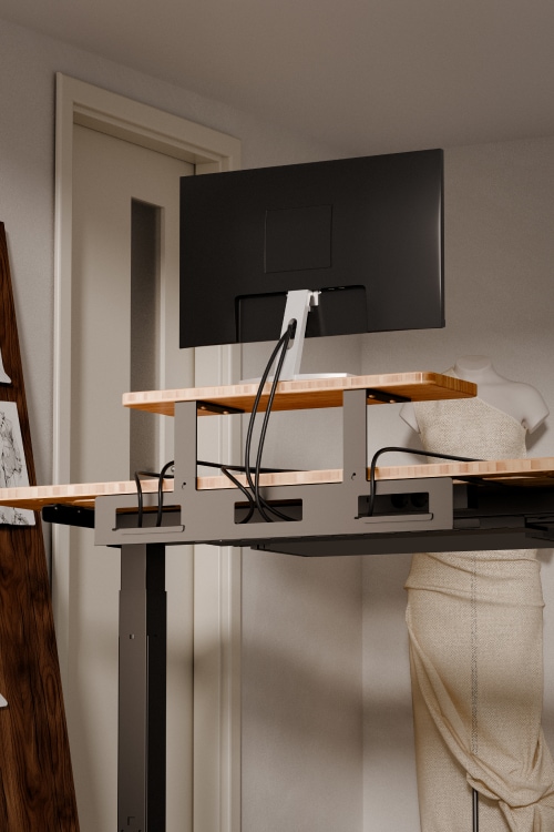Scene shot, standing desk with monitor riser and cable management