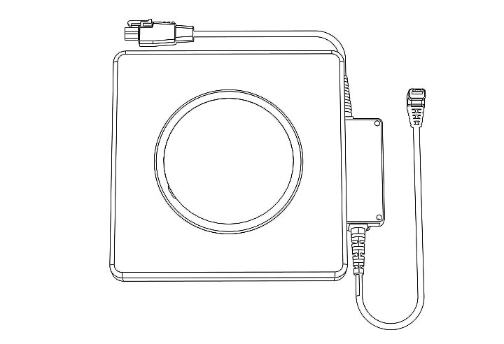 Black and white technical drawing of a square electronic device with a circular component, power cables, and connectors.
