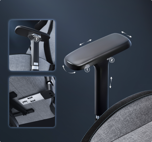 GC7 gaming chair demonstrating its 4D armrest multi-directional adjustment functions
