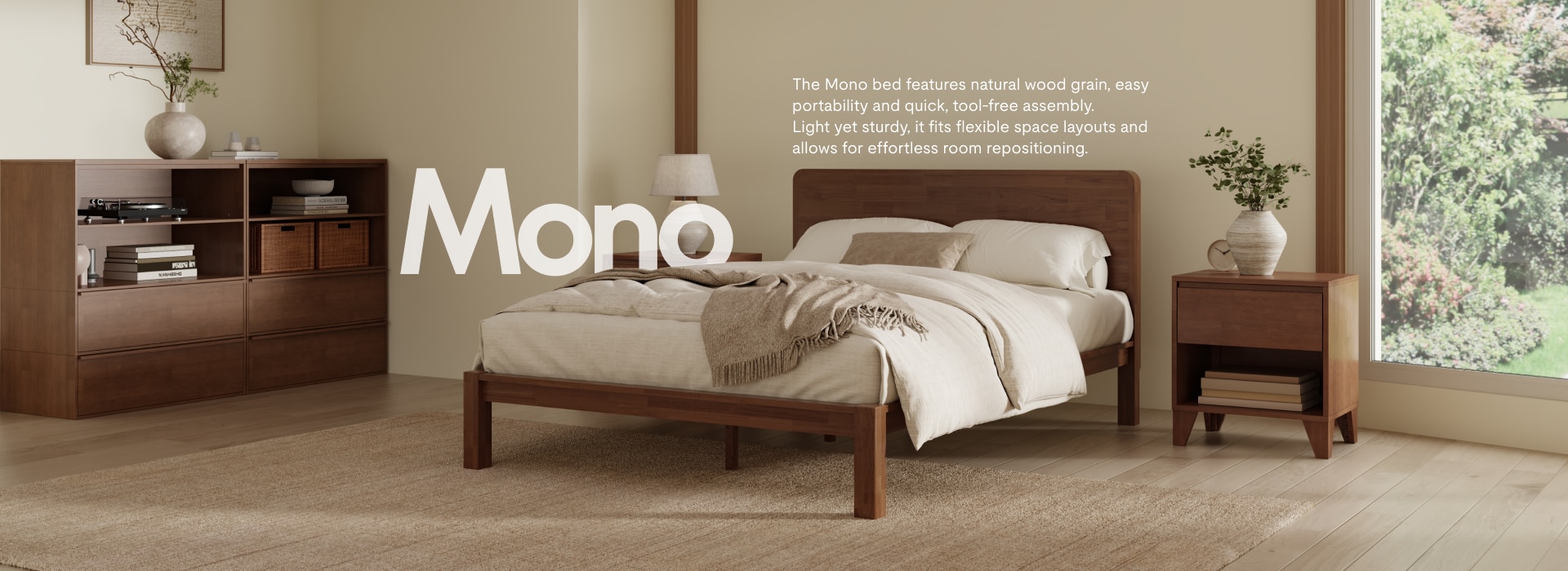 The Mono bed features natural wood grain, easy portability and quick, tool-free assembly.Light yet sturdy, it fits flexible space layouts and allows for effortless room repositioning.