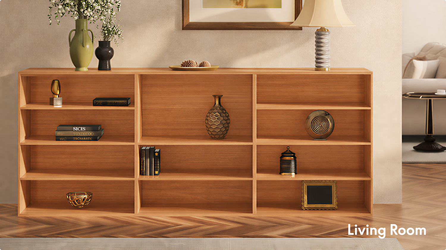 Kana solid wood 4x3 modular shelving unit in living room