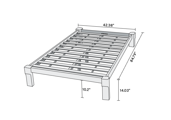 Twin XL bed frame dimensions: 84.79" L × 42.38" W × 14.03" H, with 10.2" clearance