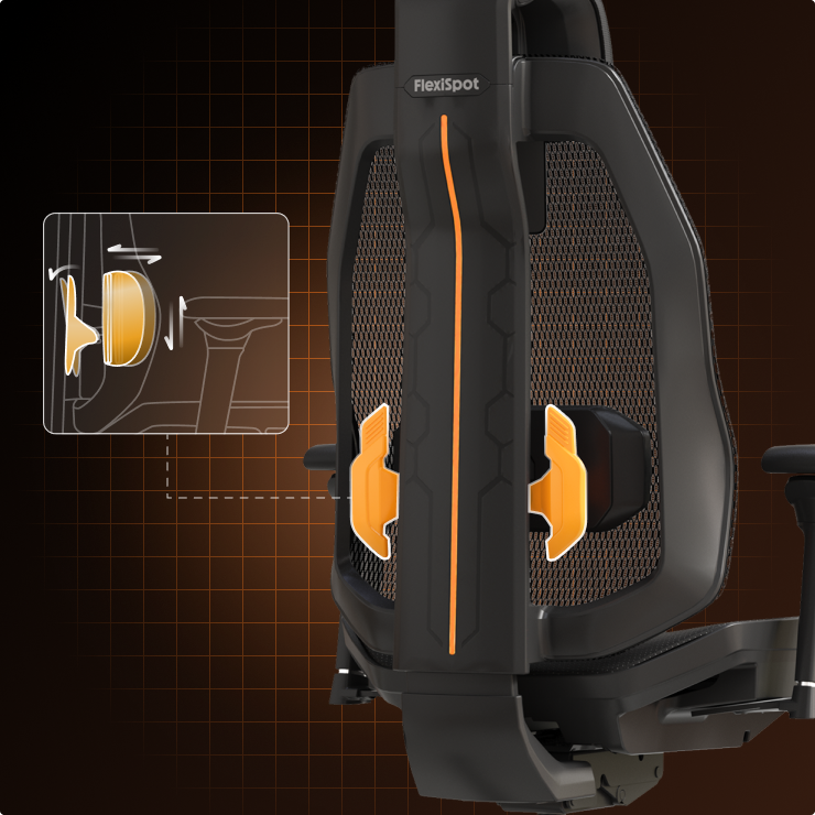 Wingo gaming chair lumbar support mechanism showing adjustable height and adaptive or locked depth features