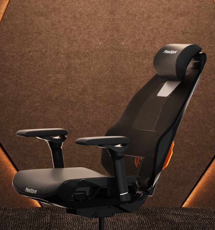 FlexiSpot Wingo ergonomic gaming chair in a modern dark room showing all adjustable features with interactive flashpoints
