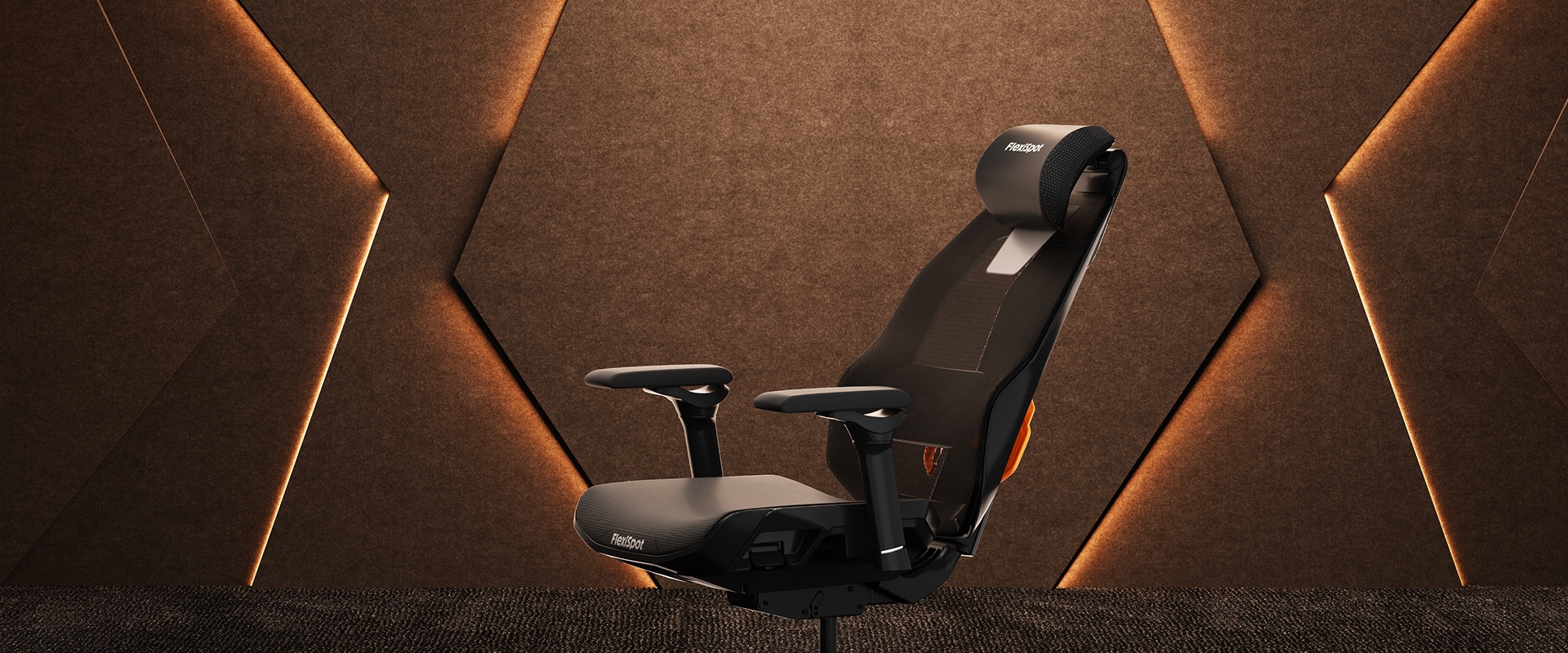 FlexiSpot Wingo ergonomic gaming chair in a modern dark room showing all adjustable features with interactive flashpoints