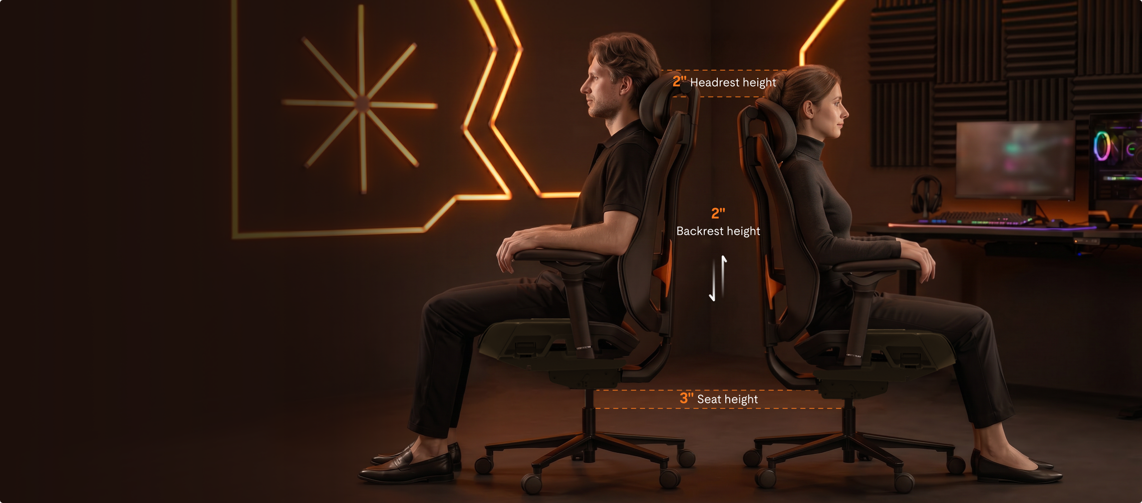 Wingo gaming chair with adjustable backrest seat and headrest shown on two users for personalized ergonomic fit