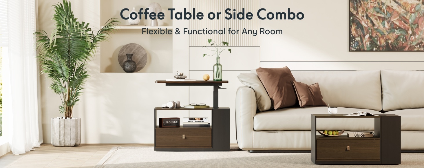 Modern coffee table and side table set in dark wood finish, featuring storage shelves and a sliding top, placed in a stylish living room.