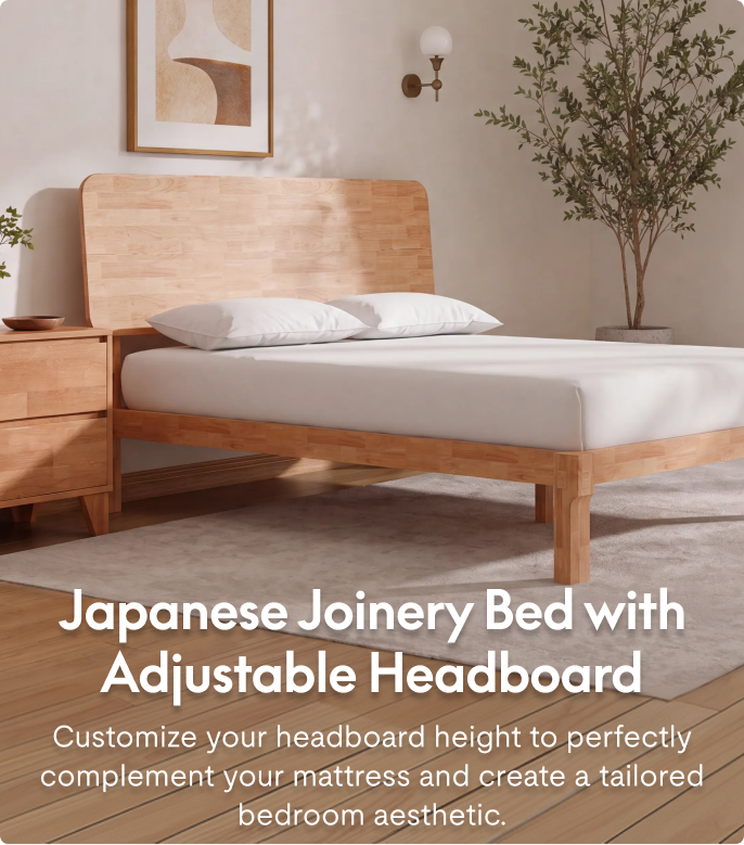 Japanese Joinery Solid Wood Bed Frame with Adjustable Headboard for a Customized Bedroom Fit