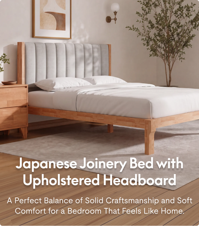 Japanese Joinery Solid Wood Bed Frame with Upholstered Headboard for Lasting Comfort and Modern Bedroom Style