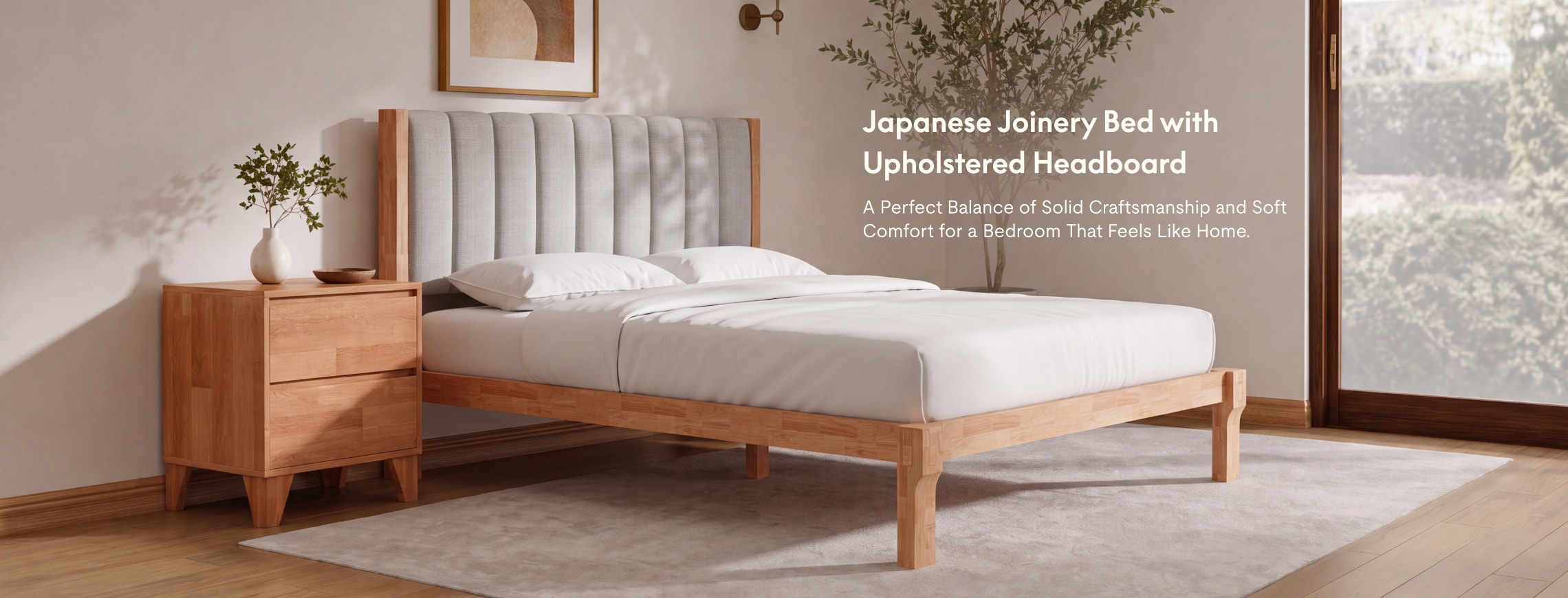 Japanese Joinery Solid Wood Bed Frame with Upholstered Headboard for Lasting Comfort and Modern Bedroom Style
